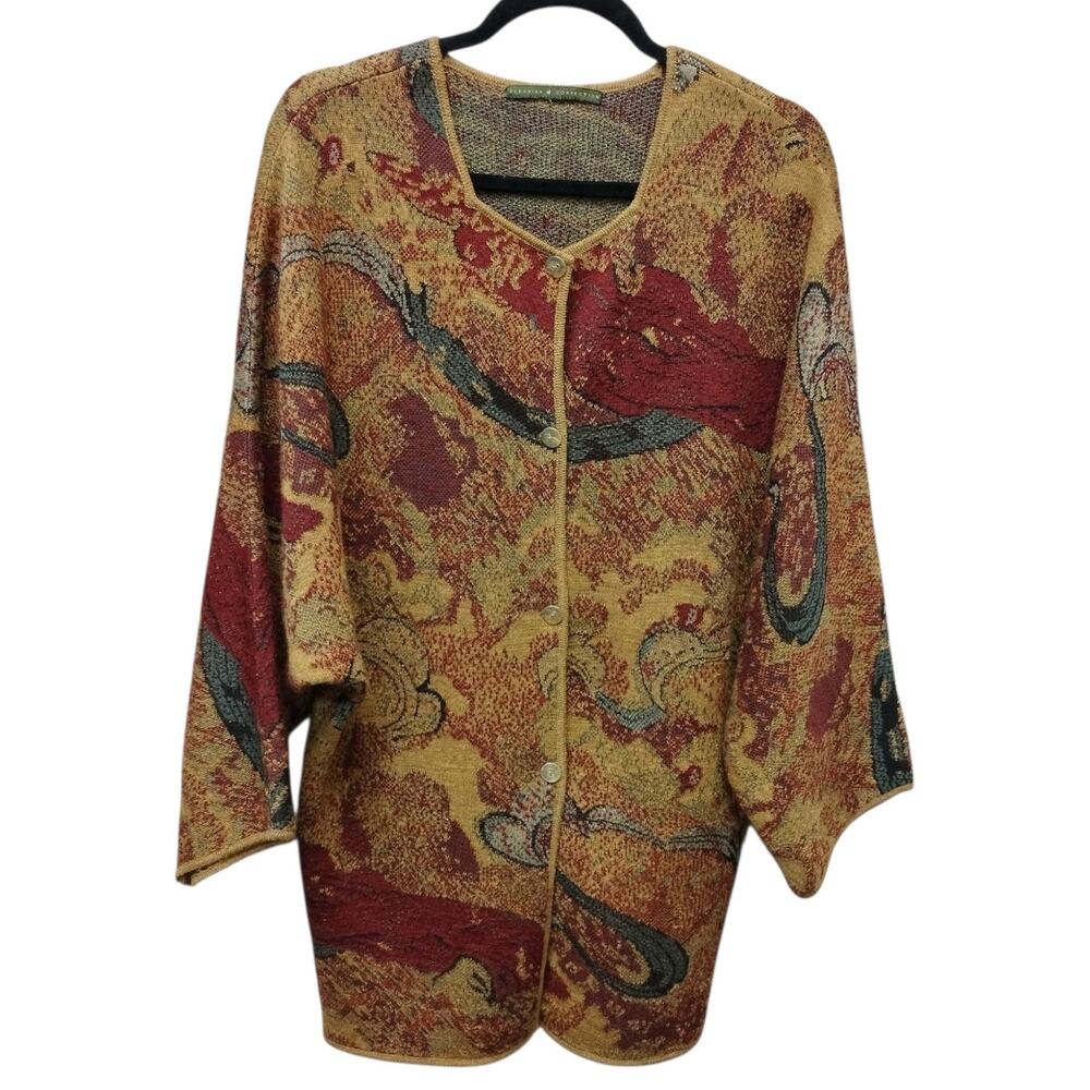 Peruvian Connection Womens Art To Wear Tapestry Knit Cardigan Large Boho Hippie
